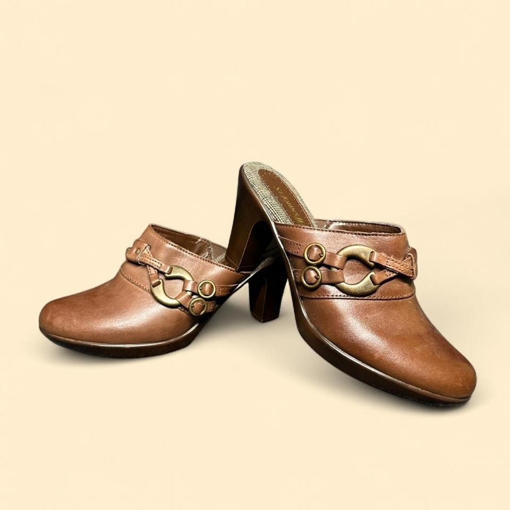 Vintage St. Johns Bay Mules 7 Brown Leather Block Heel 90s Chunky Brass Straps